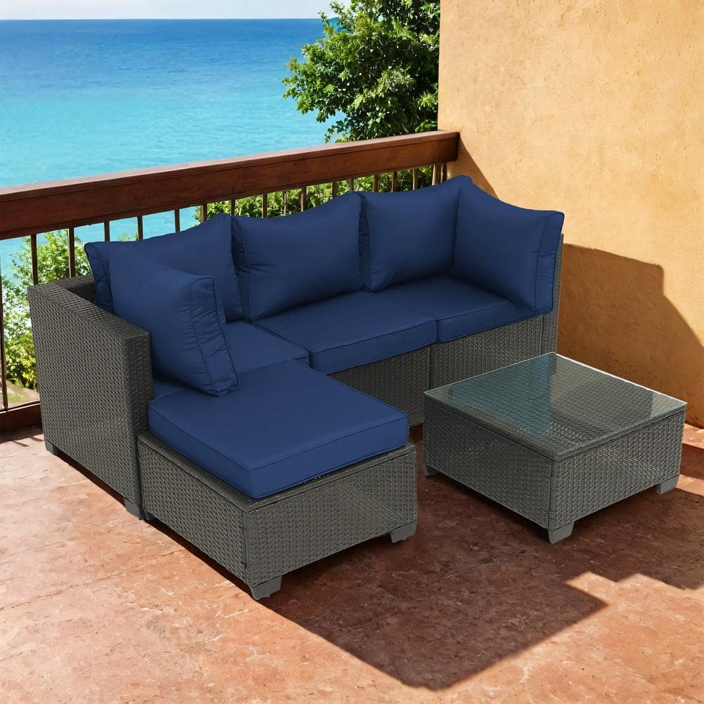 Patio Furniture Sets 5-Piece Outdoor Sectional Sofa with Wicker Rattan Couch Dark Blue Cushions Tempered Glass Table