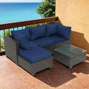 Patio Furniture Sets 5-Piece Outdoor Sectional Sofa with Wicker Rattan Couch Dark Blue Cushions Tempered Glass Table