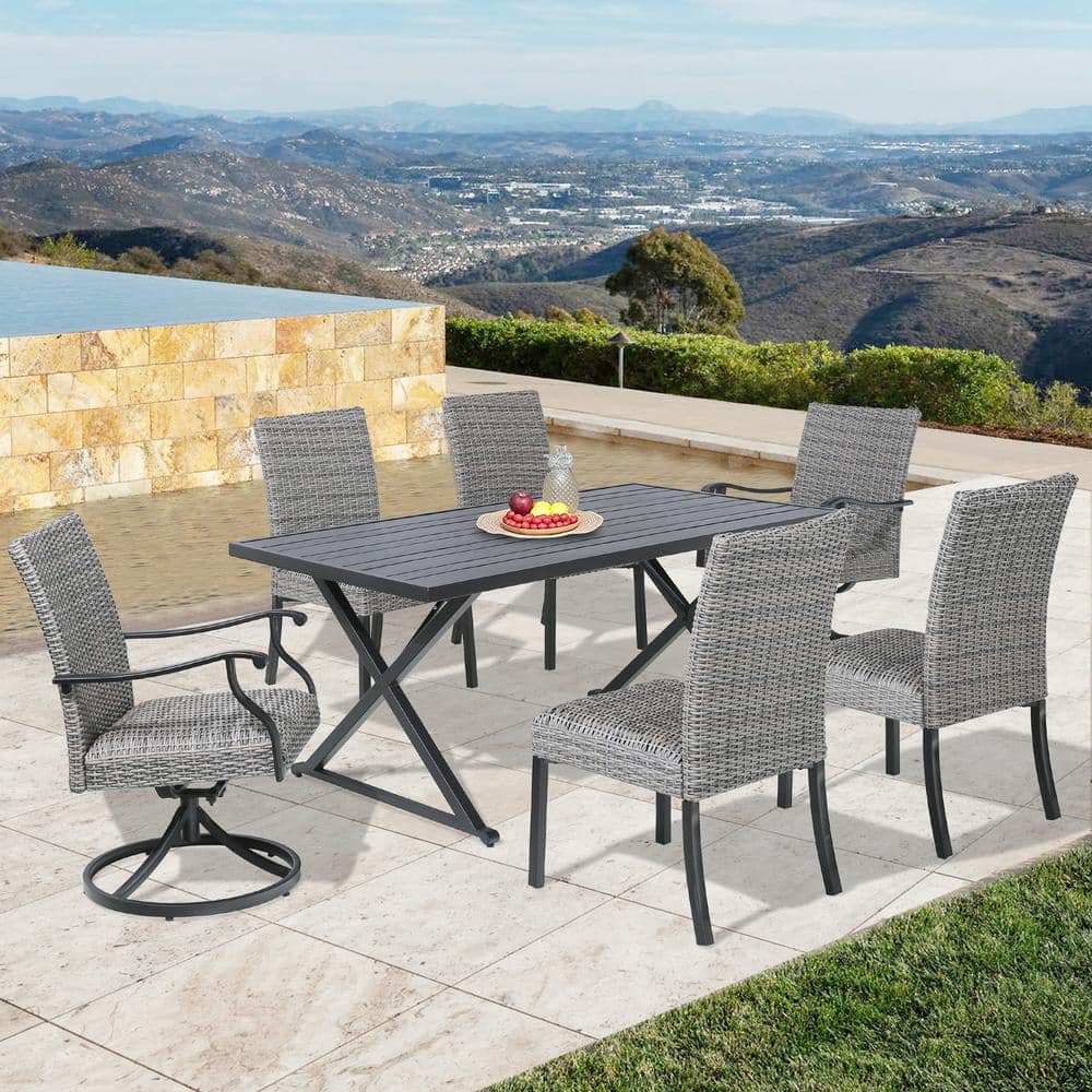 ULAX FURNITURE 7-Piece Wicker Outdoor Dining Set with 2 Swivel Chairs ...