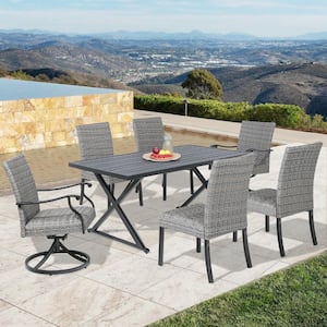 7-Piece Wicker Outdoor Dining Set with 2 Swivel Chairs, 4 Padded Chairs and Slat Table