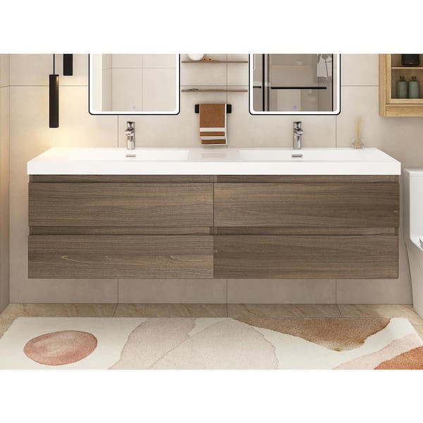 70.9 in. W x 19.7 in. D x 22.5 in. H Wall Mounted Bath Vanity in Ash Grey with Double White Culture Marble Top