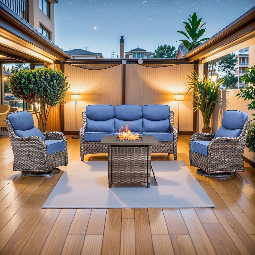 MoonLuxe Brown Wicker Fire Pit Conversation Set with Blue Olefin 6 in. Thick Cushions Patio Swivel Chairs (4-Piece) price history on PriceWatchPro