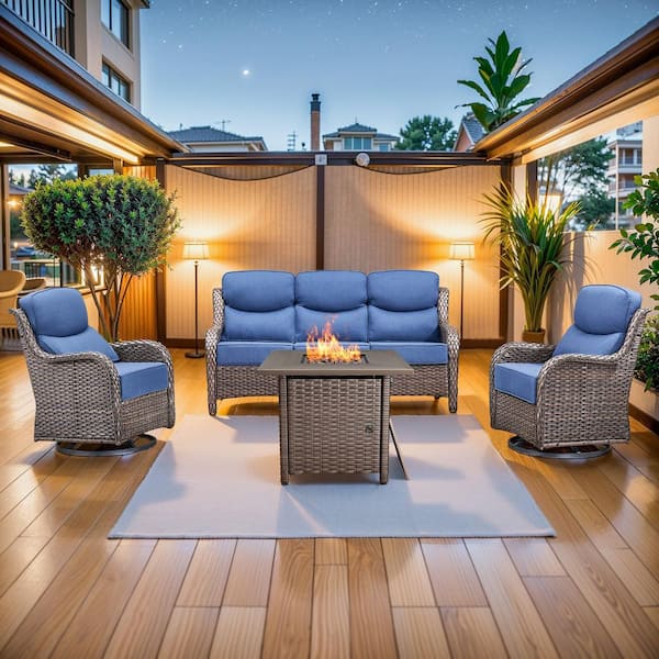 MoonLuxe Brown Wicker Fire Pit Conversation Set with Blue Olefin 6 in. Thick Cushions Patio Swivel Chairs (4-Piece)