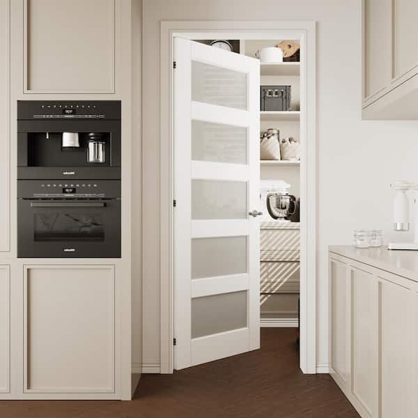 30 in. x 96 in. Solid Core 5-Lite Tempered Frosted Glass White Primed MDF Interior Door Slab