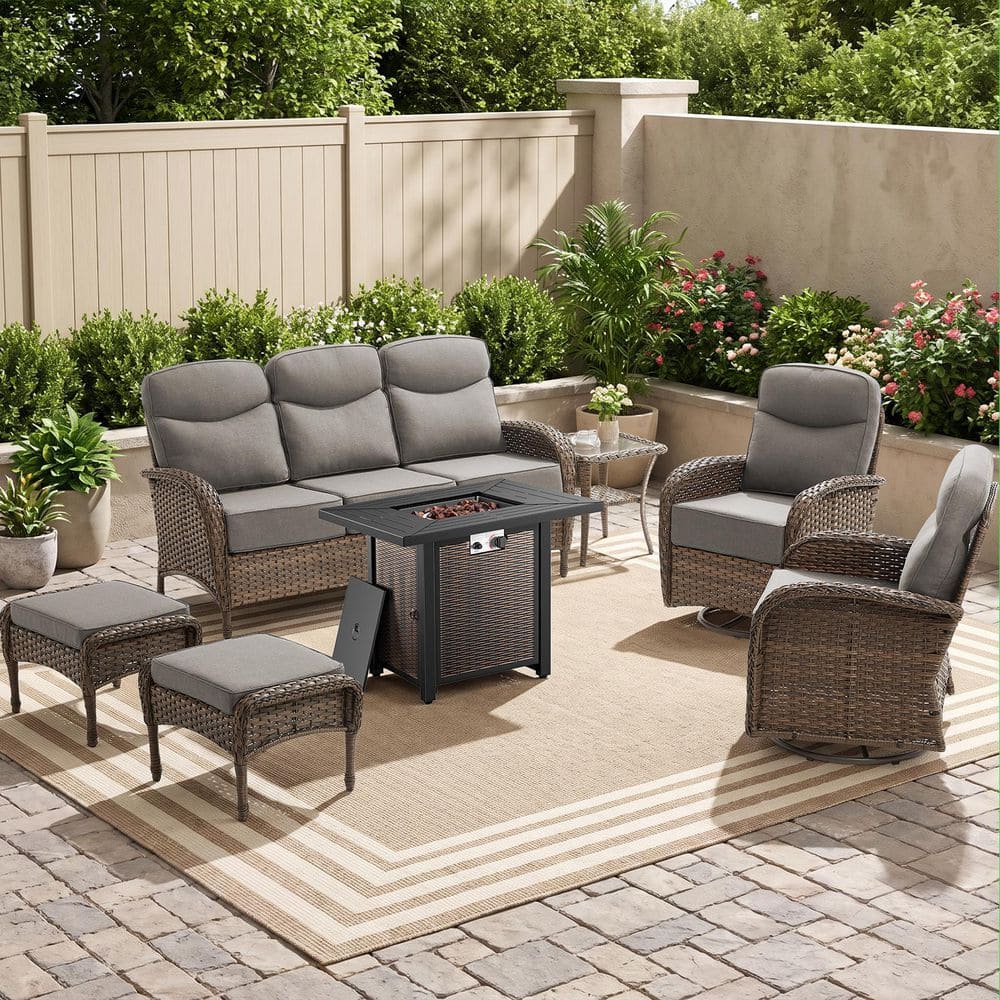 Goyal Brown 7-Piece Patio Conversation Set with 6 in. Gray Cushions, Swivel Glider Chairs and Propane Fire Pit Table price history on PriceWatchPro