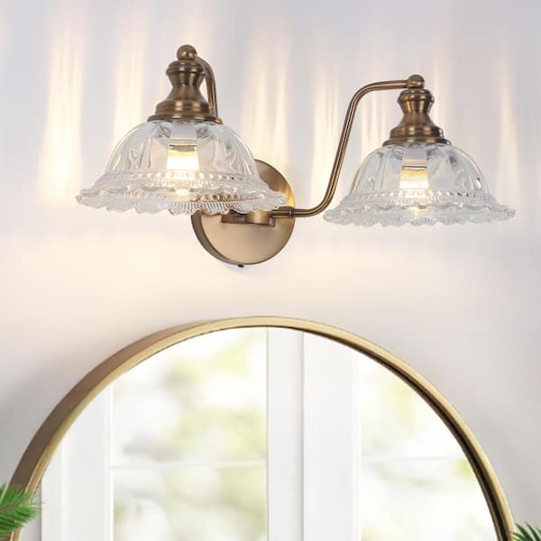 17.32 in. 2-Light Gold Modern Glam Flower Shape Glass Shades Bathroom Vanity Light