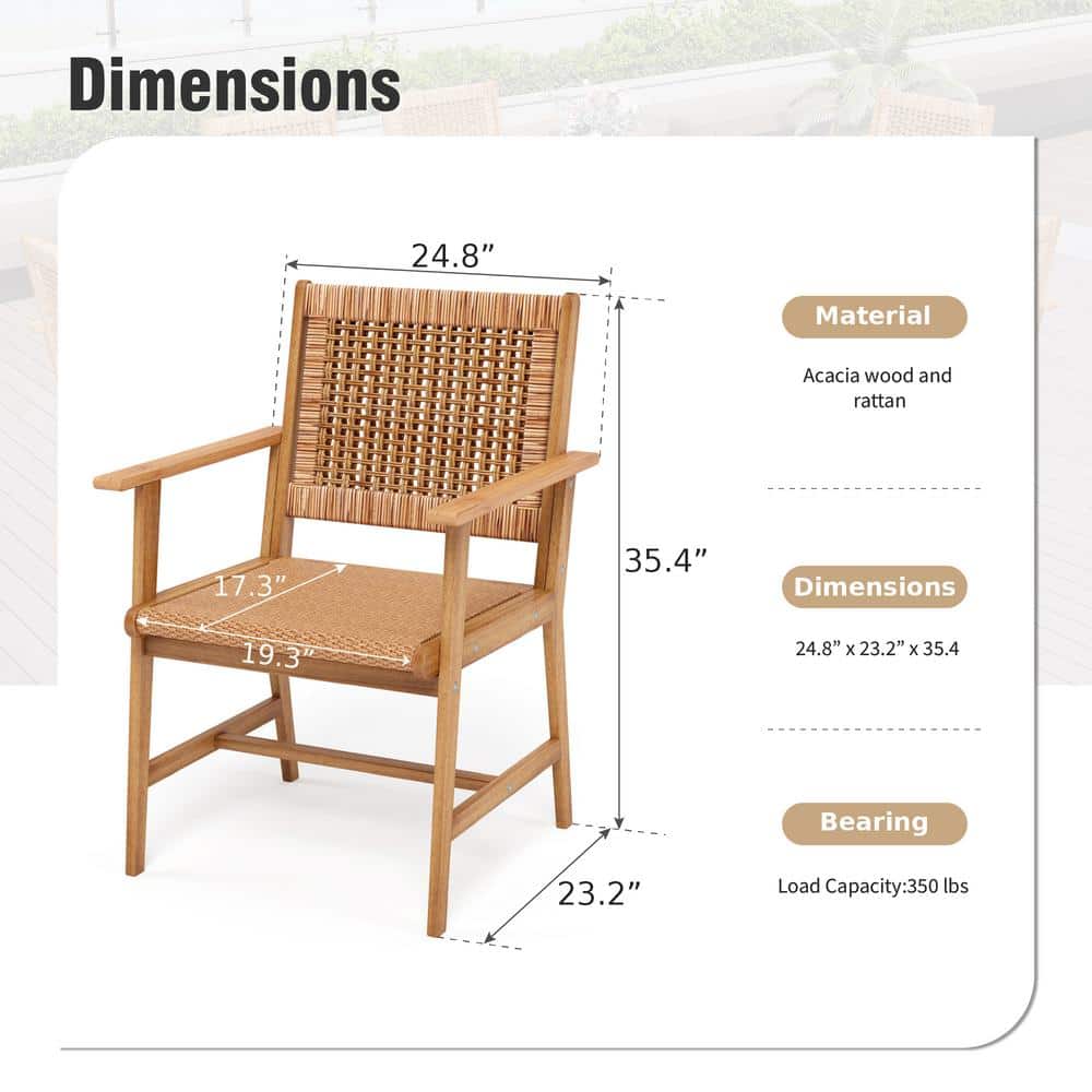 Brown Acacia Wood and Rattan Outdoor Dining Armchairs, Set of 2