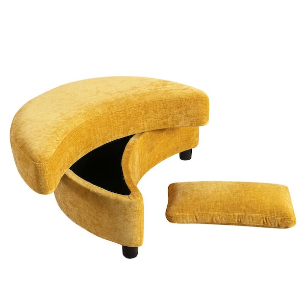 URTR Mustard Chenille Upholstered Half Moon Storage Bench Tray ServeShoe Bench Foot Rest 17.3 in. H x 18.9 in. W x 32.7 in. D