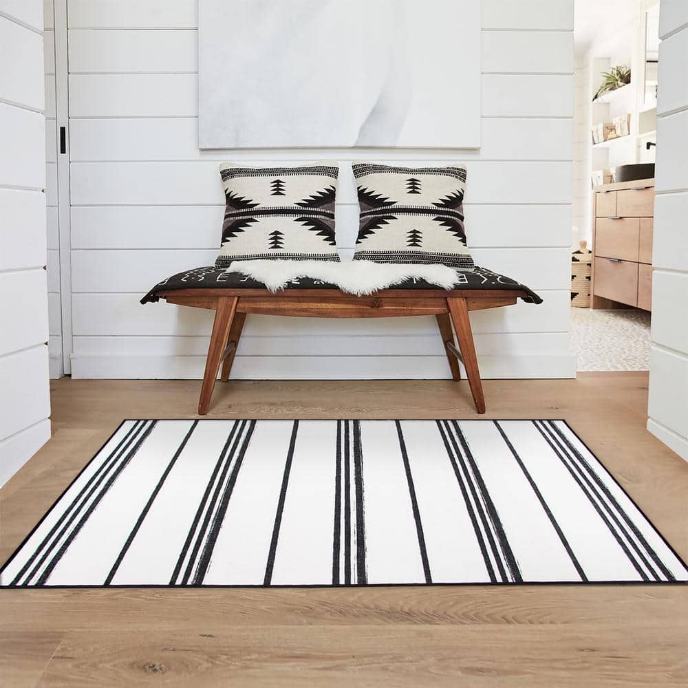 Black and White Stripe Washable Flatweave Rug 3' x 5'