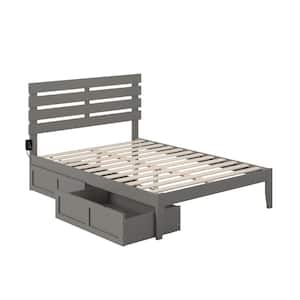 Oxford Grey Full Solid Wood Storage Platform Bed with USB Turbo Charger and 2 Drawers