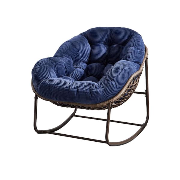 Brown Wicker Outdoor Rocking Chair with Navy Blue Cushions