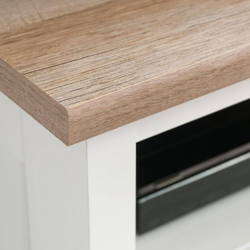 Soft White Corner TV Stand with Cabinet and Oak Top