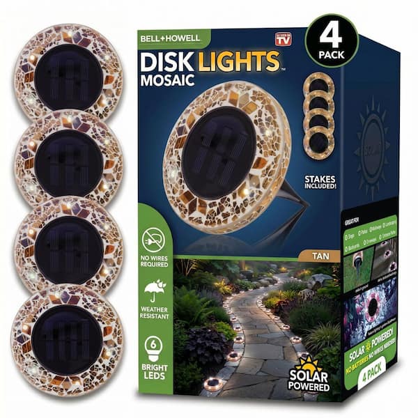 Mosaic Disk Lights Solar Powered Light Brown LED Path Lights with Mosaic Glass Top (4-Pack)