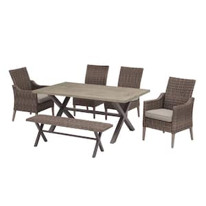 Rock Cliff 6-Piece Brown Wicker Outdoor Patio Dining Set with Bench and CushionGuard Riverbed Tan Cushions