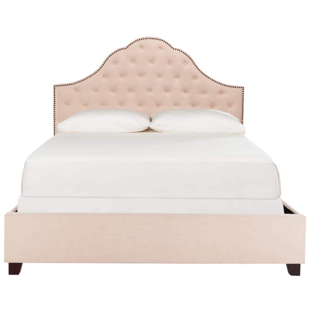 Elegant Beige Velvet Queen Platform Bed with Tufted Headboard & Nailhead Trim