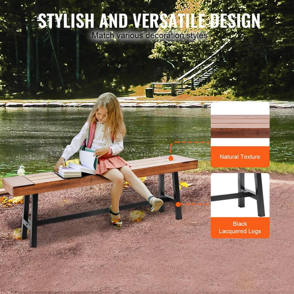 63-Inch Brown Wood and Black Metal Outdoor Bench