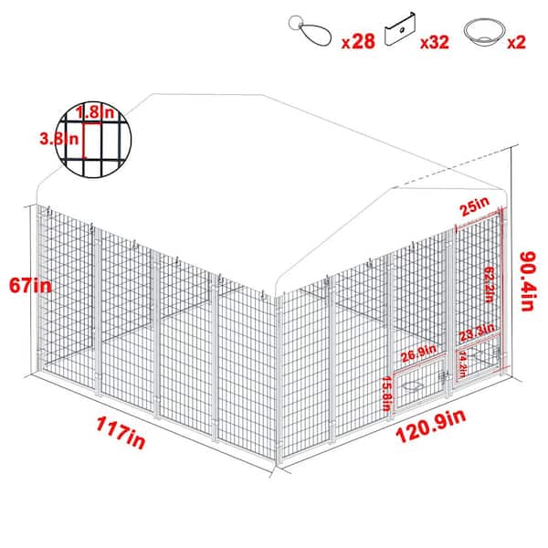 10 ft. x 10 ft. Outdoor Dog Cage Fence with Cover and Rotating Feeding Door