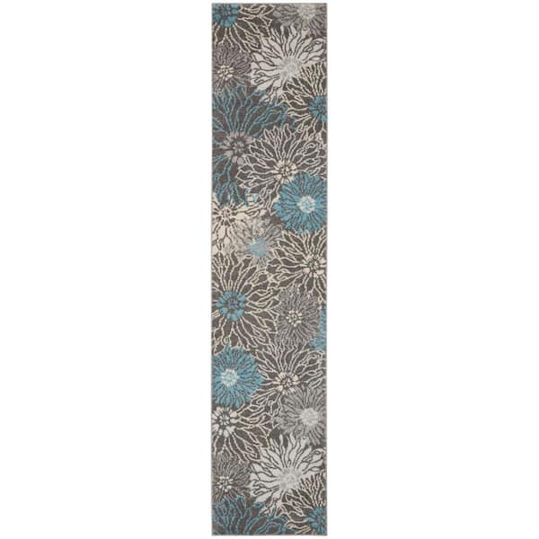 Passion Charcoal/Blue 2 ft. x 10 ft. Floral Contemporary Kitchen Runner Area Rug