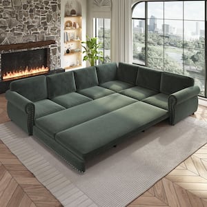 Oversize Convertible 118 in. Chenille Sectional Sofa in. Green with Nail head Trim, Pull-out Sofa Sleeper
