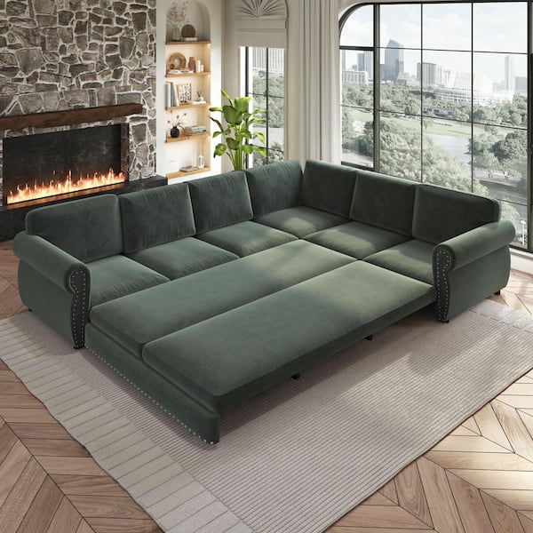 Oversize Convertible 118 in. Chenille Sectional Sofa in. Green with Nail head Trim, Pull-out Sofa Sleeper