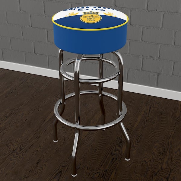 Unbranded Corona Label Design 31 in. Blue Backless Metal Bar Stool with Vinyl Seat