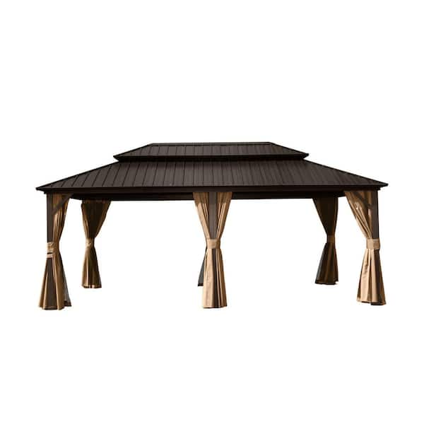 12 ft. x 20 ft. Outdoor Brown Aluminum Hardtop Gazebo with Galvanized Steel Double Roof with Curtain and Netting