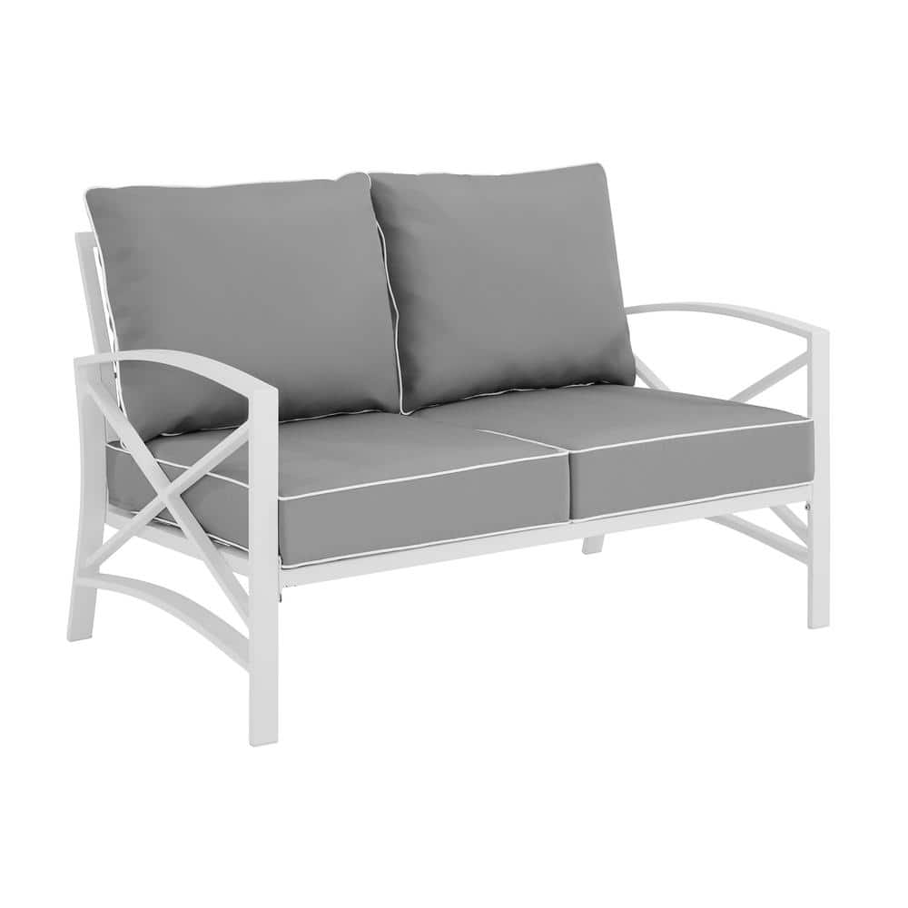 Gray and White Steel Outdoor Loveseat with Cushions