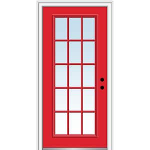 32 in. x 80 in. Classic Left-Hand Inswing Clear 15-Lite Painted Fiberglass Smooth Prehung Front Door on 6-9/16 in. Frame