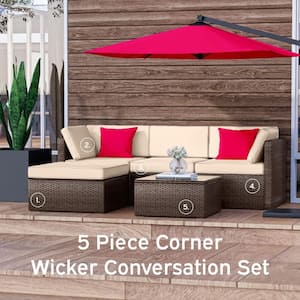 5-Piece Brown Wicker Steel Outdoor Sectional Patio Furniture Corner Sofa Set and Coffee Table with Beige Cushions