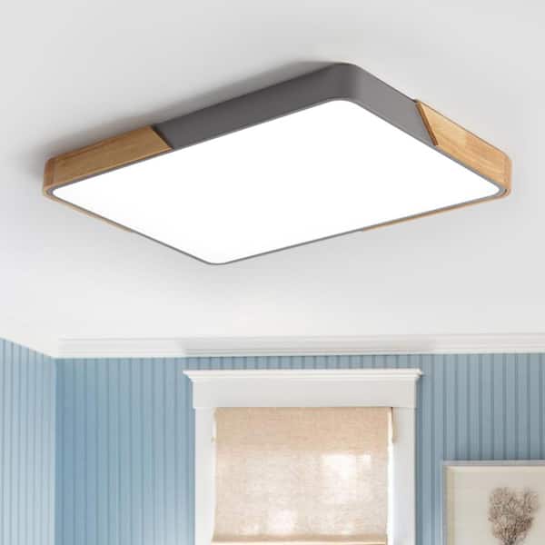 HUOKU Lumin 34.7-in. Integrated LED Wood and Gray Flush Mount Rectangular Main Lighting with CCT and Acrylic Lens for Kitchen