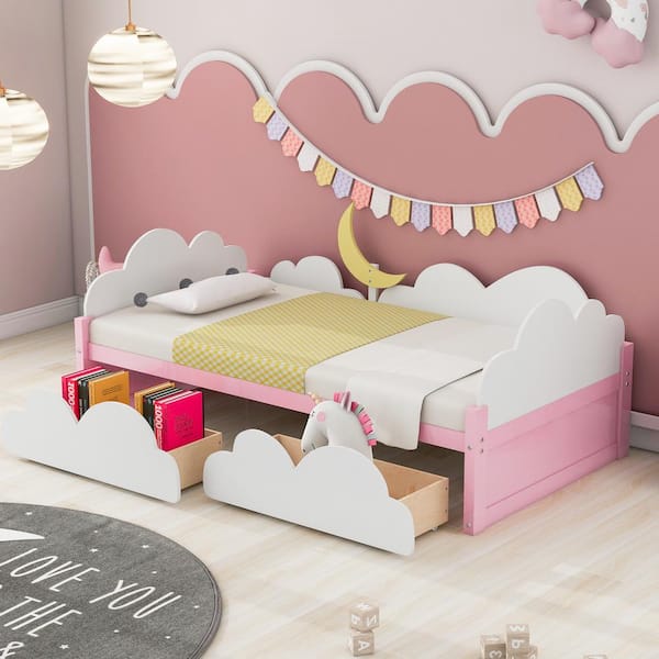 Harper & Bright Designs Pink and White Wood Frame Twin Size Platform Bed with Clouds and Crescent Moon Decor, 2-Drawers