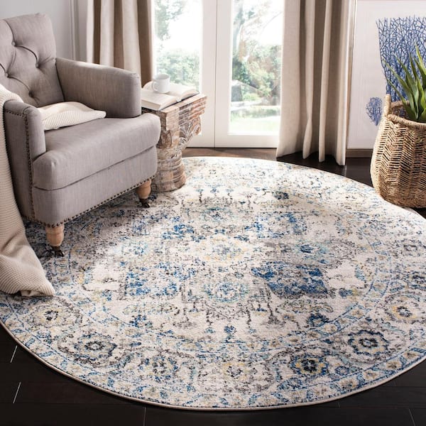 Madison Gray/Ivory 10 ft. x 10 ft. Geometric Border Floral Medallion Round Area Rug