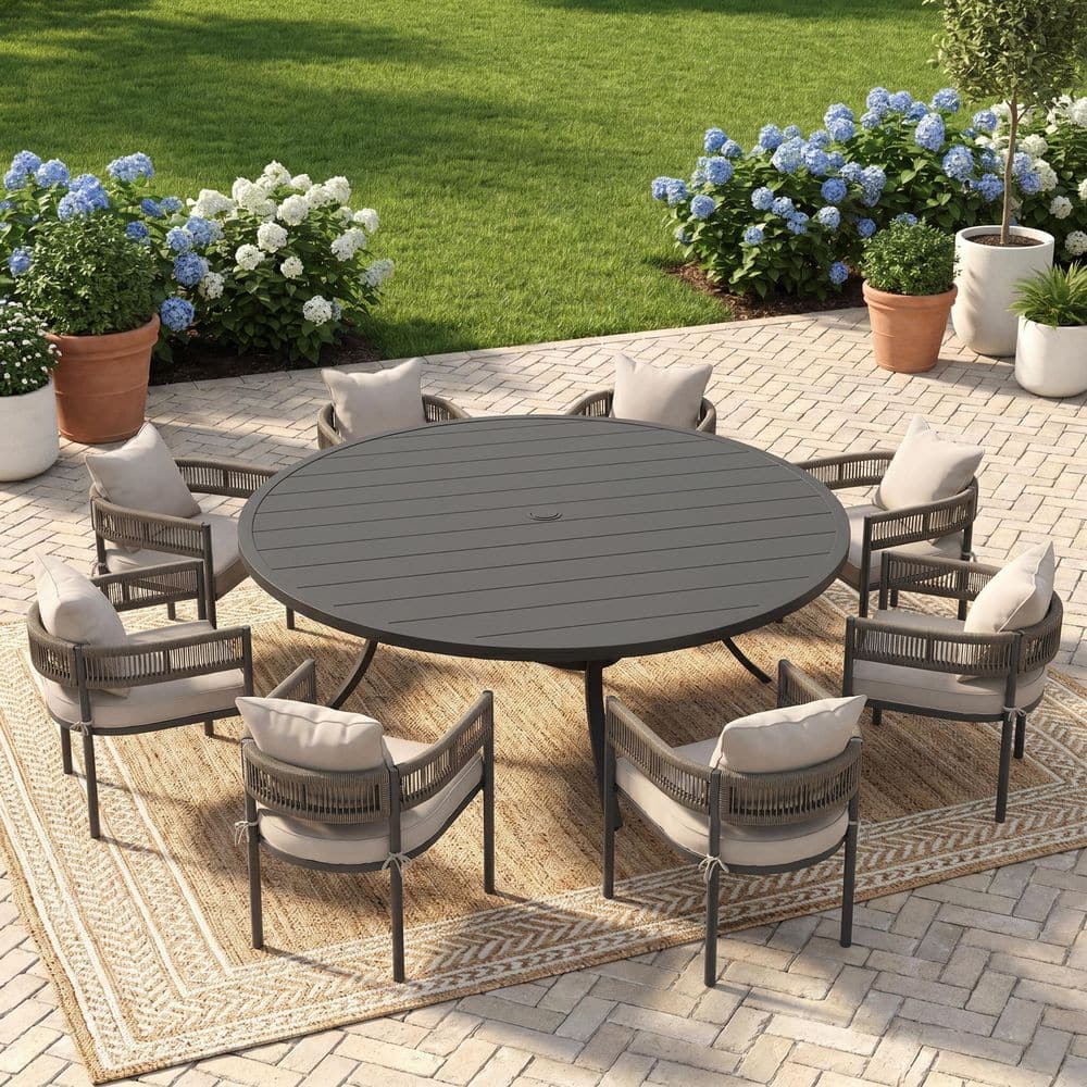 9-Piece Metal Outdoor Dining Set with 60 in. Black Round Table and 8 Gray Woven Rope Chairs with Cushions in White price history on PriceWatchPro