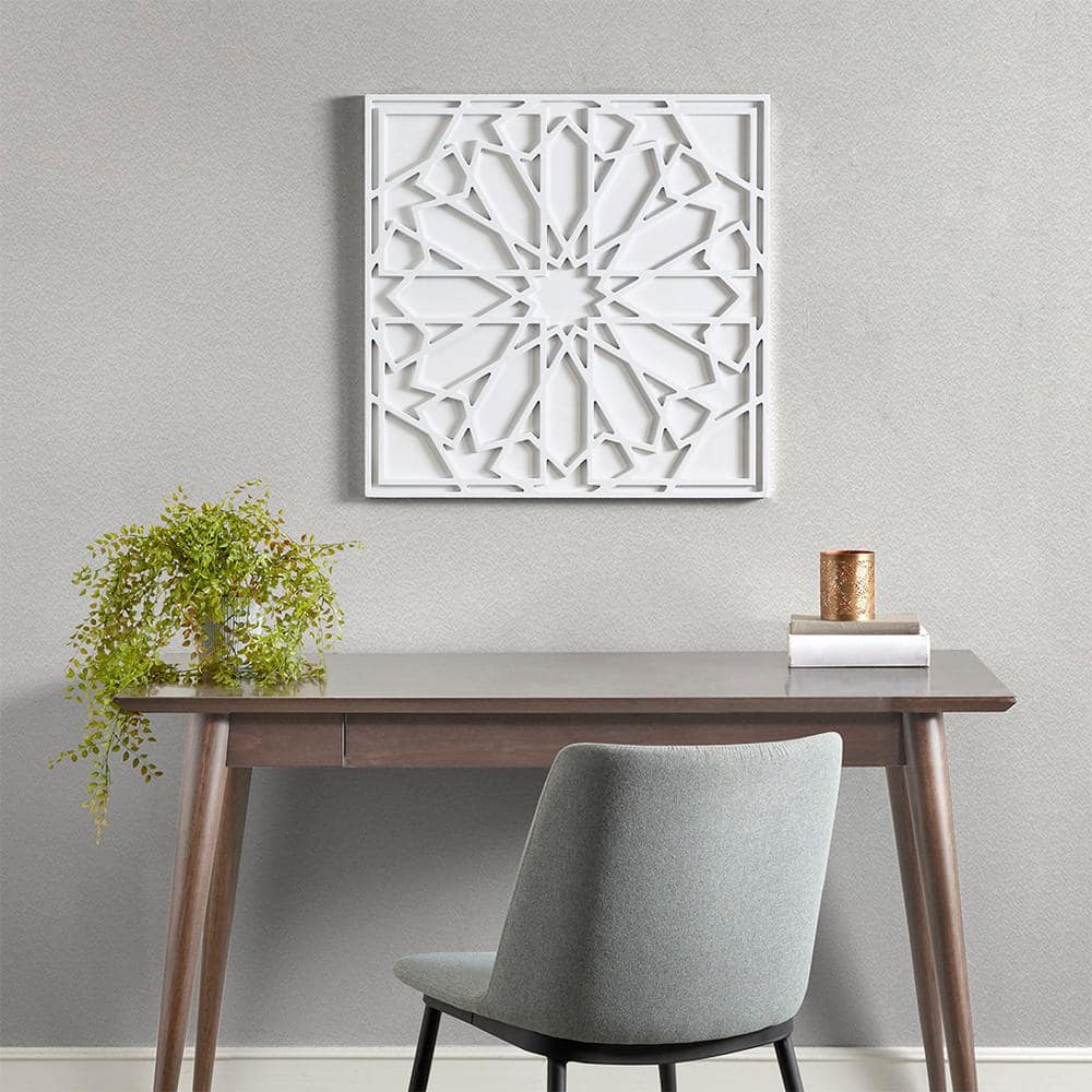 Contemporary Boho Inspired White Medallion Square Wooden Wall Art 23.6 in. 