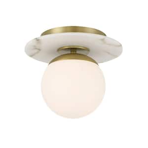 Orban 9 in. 1-Light Soft Brass and Faux Alabaster Semi Flush Mount with Etched Opal Glass Shade