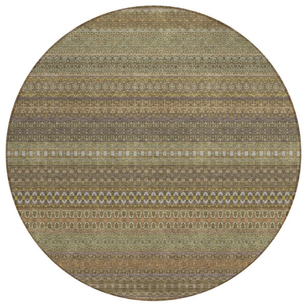 HomeRoots Khaki 8 ft. Round Woven Striped Polyester Round Indoor/Outdoor Area Rug