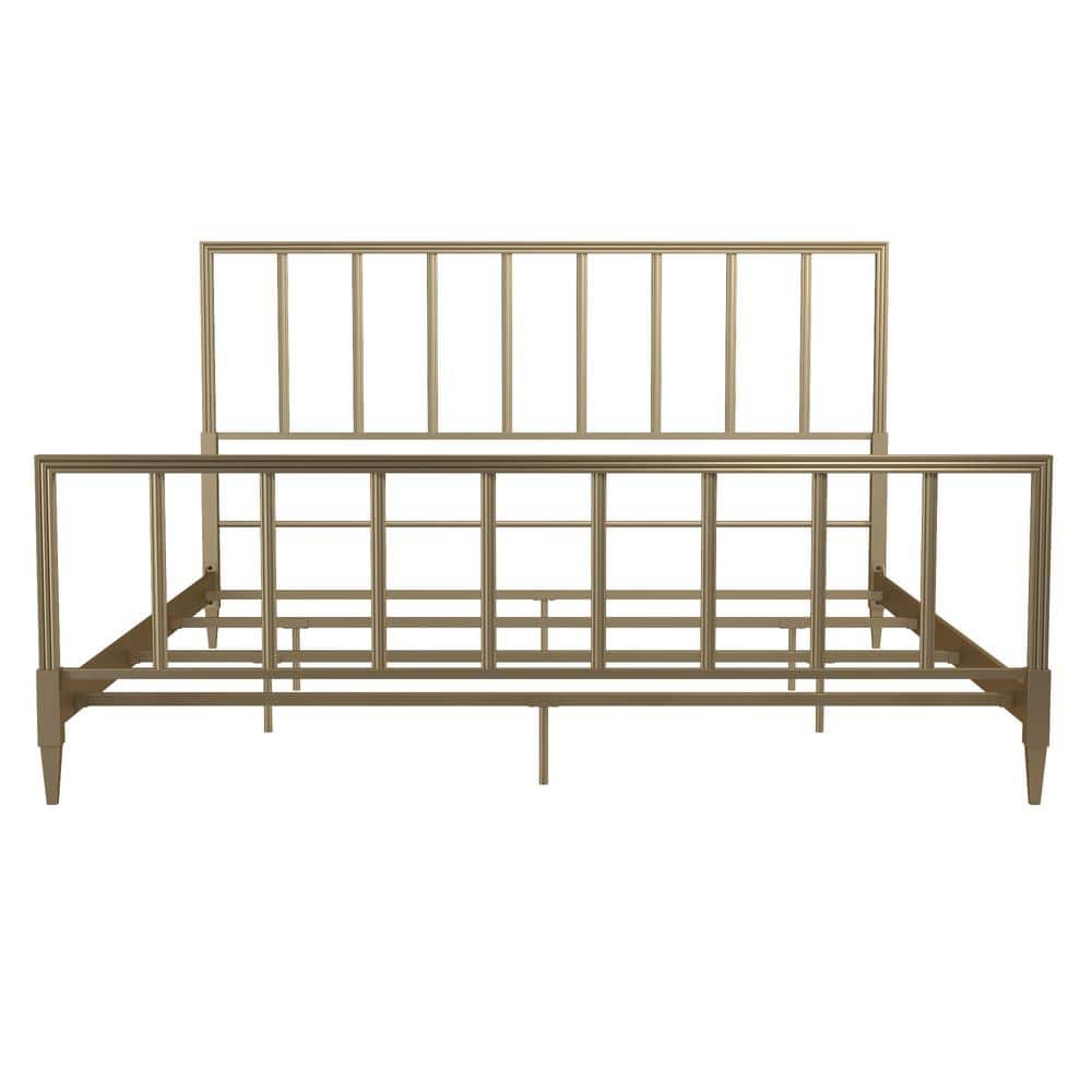 Blair King Size Golden Brass Metal Bed with Engraved Headboard