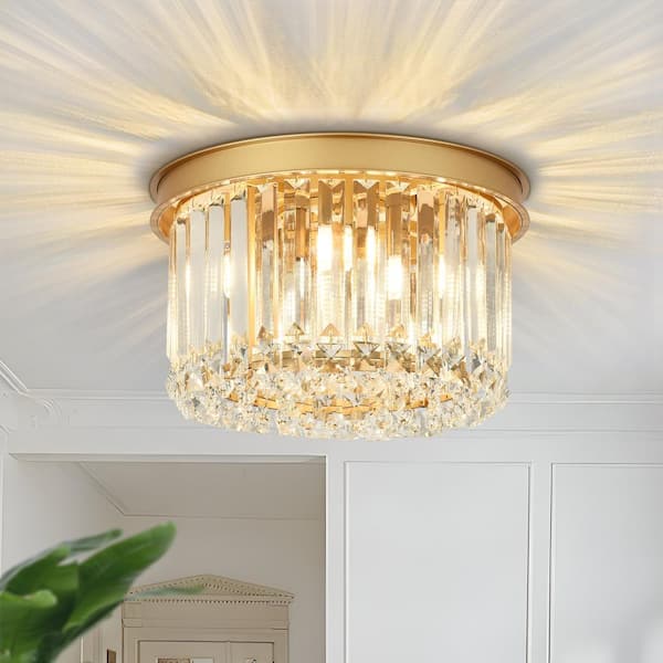 Henveton Essel 11.81 in. 4-Light Gold Modern Crystal Semi-Flush Mount Ceiling Light with Drum Shade And No Bulbs Included