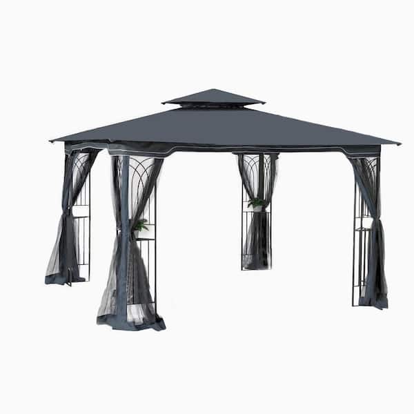 Zeus & Ruta 10 ft. x 10 ft. 2-Tier Patio Gazebo Canopy with Breathable Mesh Netting and Privacy Sidewalls, Black and Gray
