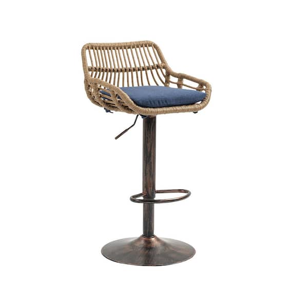 2-Piece Metal Adjustable Counter Height Outdoor Bar Stools with Blue Cushions, Footrest