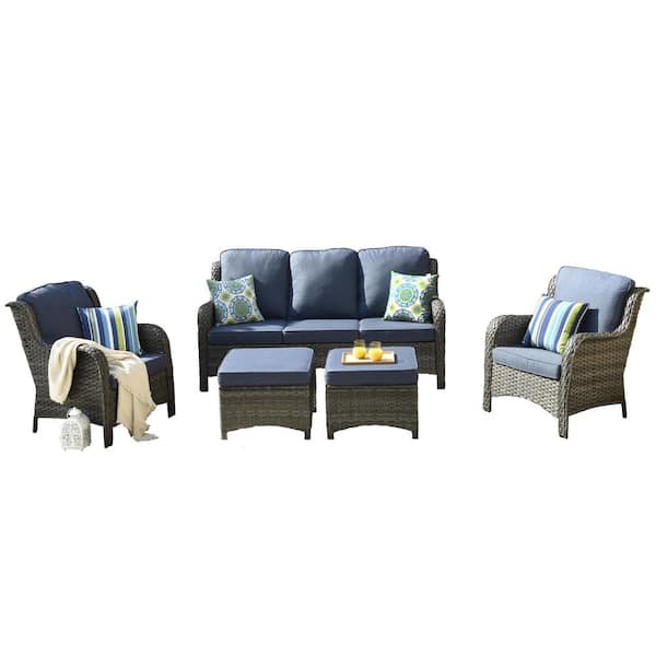 New Kenard Gray 5-Piece Wicker Outdoor Patio Conversation Seating Set with Denim Blue Cushions