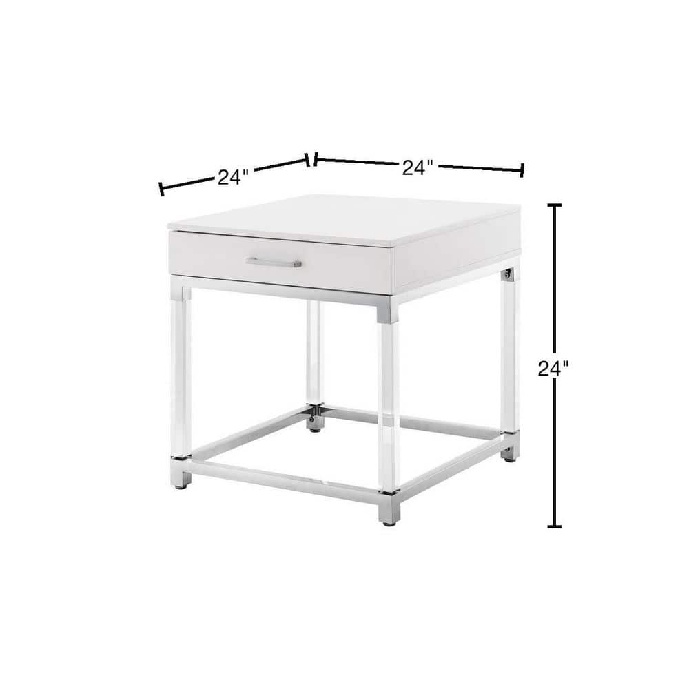 White and Chrome 1-Drawer End Table with Acrylic Legs
