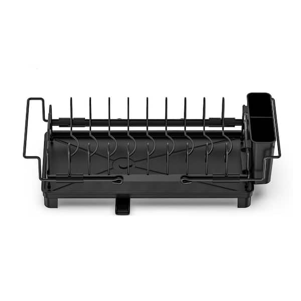 Black Stainless Steel Dish Drying Rack with Adjustable Cutlery Holder, Expandable Over Sink Drainer with Tray