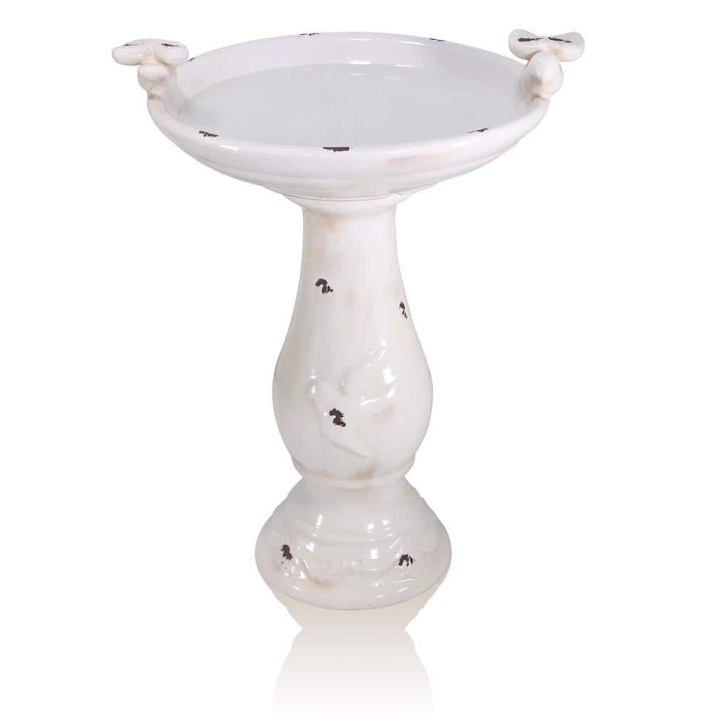 24 in. Tall Outdoor Antique Ceramic Birdbath with Bird Figurines Yard Statu
