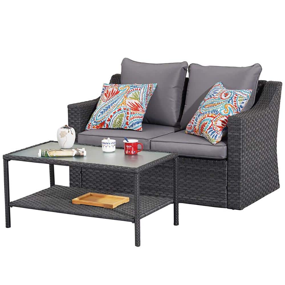 Black 2-Piece Wicker Outdoor Loveseat Patio 2 Seat Sofa Couch with Gray Cus
