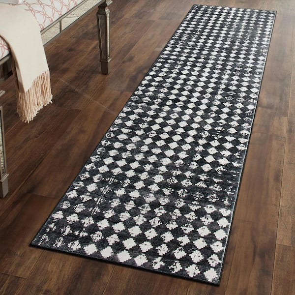 Geometric Distressed Abstract Washable Non Slip Black 2 ft. x 10 ft. Runner Rug