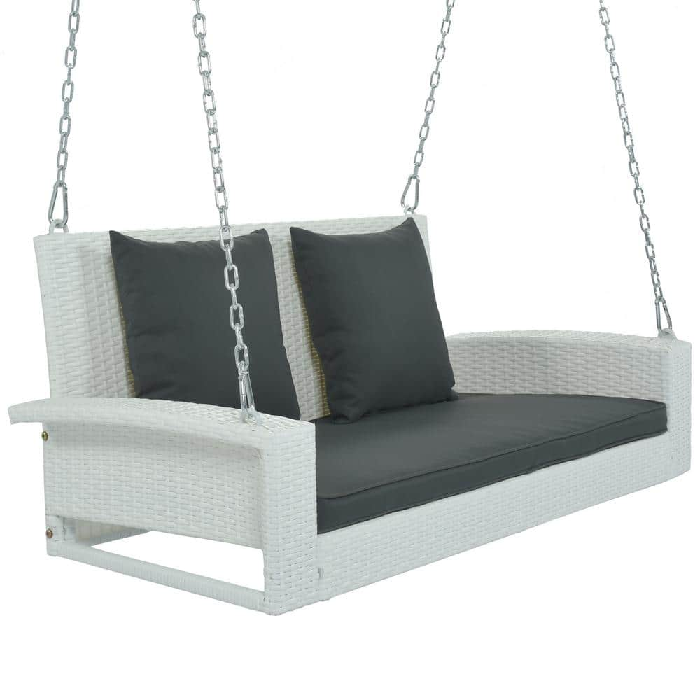 Tenleaf 2-Person White Wicker Hanging Porch Swing with Gray Cushions ...