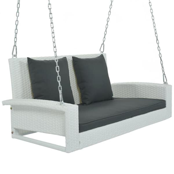 Tenleaf 2-Person White Wicker Hanging Porch Swing with Gray Cushions and Chains