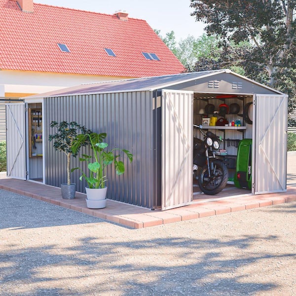 10 ft. x 14 ft. Outdoor Metal Storage Shed, Large Garden Shed Tool Shed with 3 Lockable Doors and Side Door