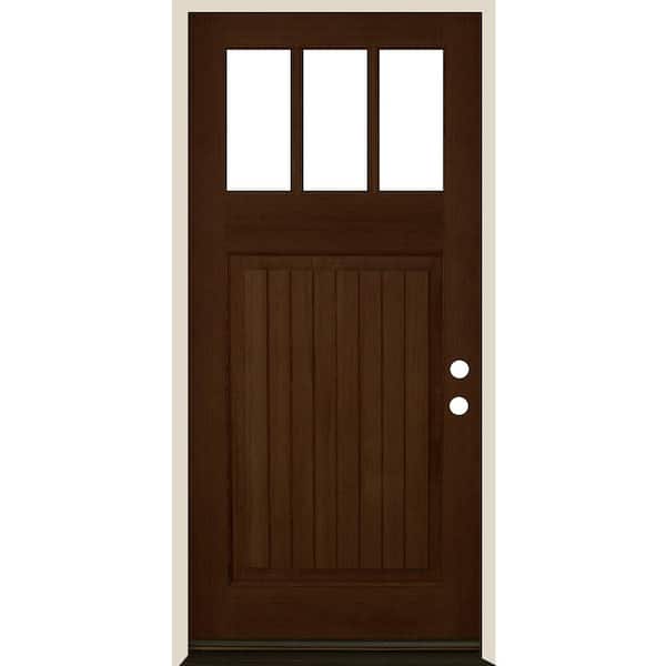 Krosswood Doors 36 in. x 80 in. Craftsman 3 Lite V Groove Provincial Stain Left-Hand/Inswing Douglas Fir Prehung Front Door